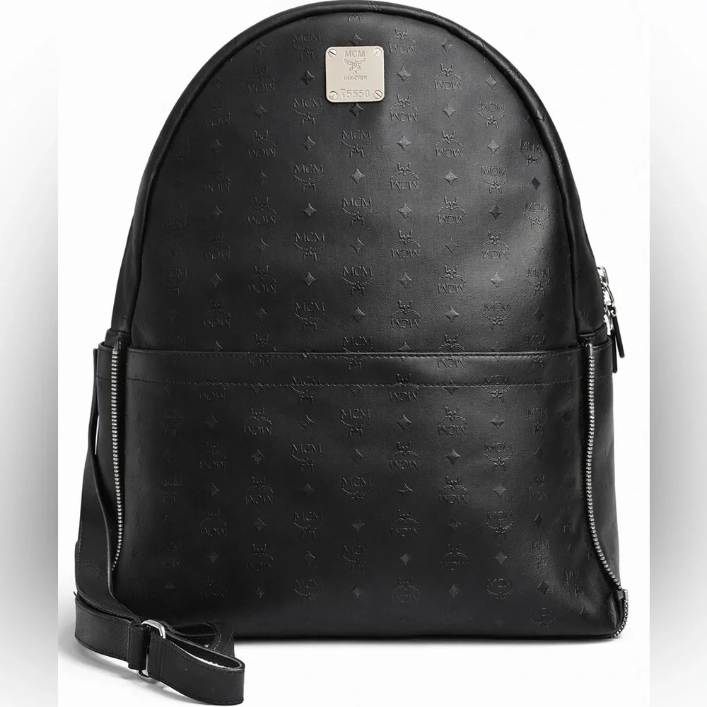 MCM Black Monogram Backpack Logo Plaque Zip Pocket Leather Good Condition - Picture 1 of 1